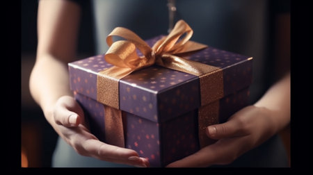 Female hands holding a gift box with a bow. Close up.の素材