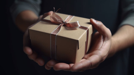 Hands holding a gift box with a ribbon on a dark backgroundの素材