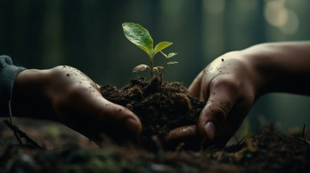 Human hands holding and caring young plant in soil with blurred background, Earth day conceptの素材
