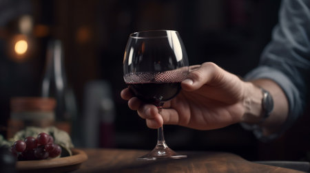 Male hand holding glass of red wine on wooden table in restaurant.の素材
