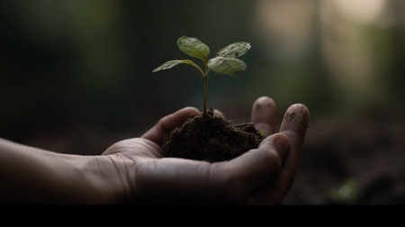 Human hand holding a green seedling in soil over blurred dark backgroundの素材