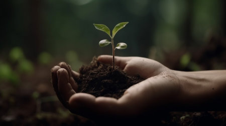 Human hands holding and caring young green plant with soil and blurred backgroundの素材