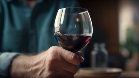 Man holding glass of red wine, closeup. Alcohol drink conceptの素材