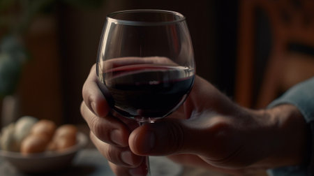 Man holding a glass of red wine. Close-up of a man's hand holding a glass of red wine.の素材