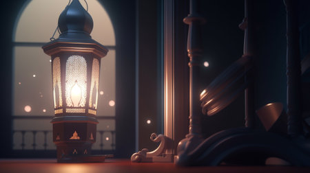 3d rendering of Ramadan Kareem lantern in front of the windowの素材