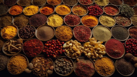 Spices and herbs in wooden bowls on a black background, top viewの素材