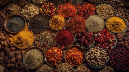 Spices and herbs on wooden background. Food and cuisine ingredients.の素材