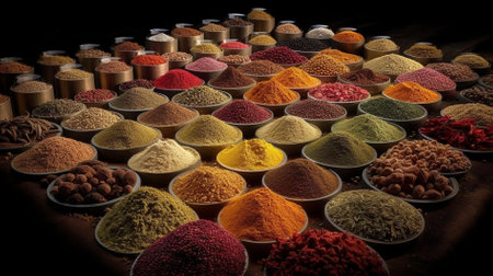 Colorful spices in wooden spoon on black background. Indian spices.の素材