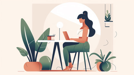 Freelance woman working on laptop at home. Freelance, remote work, freelance concept. Vector illustrationの素材