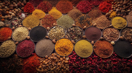 Variety of spices and herbs on wooden background, top view.の素材