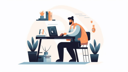 Freelance work concept vector illustration. Freelance man working on laptop at home.の素材