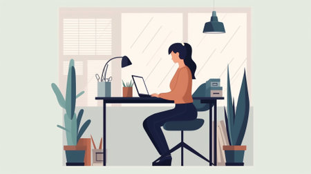 Woman working at home. Freelance and remote work concept. Vector illustrationの素材