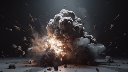 3D illustration of a huge explosion with smoke on a black backgroundの素材