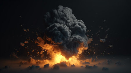 Big explosion with smoke and fire on black background. 3d illustrationの素材