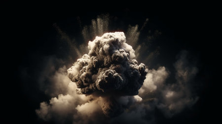 3D illustration of big cloud explosion with smoke on black background.の素材