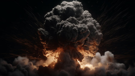 3D illustration of a big explosion with smoke and fire in the darkの素材