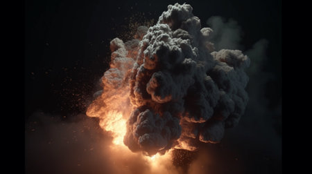3D illustration of a big explosion with smoke and fire isolated on black backgroundの素材