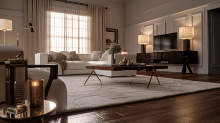 Living room with sofa, coffee table and TV. 3d renderingの素材