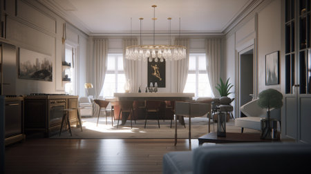 3D rendering of a living room interior in a classic style.の素材