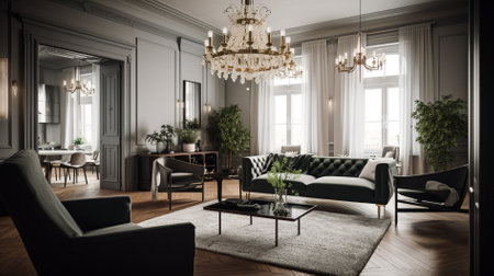 Luxury living room interior design with classic furniture. 3d renderの素材