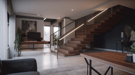 interior of modern living room with wooden stairway leading to officeの素材