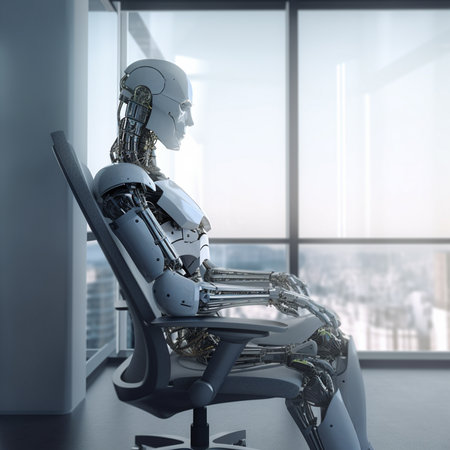 3d rendering humanoid robot working in modern office with window and city viewの素材