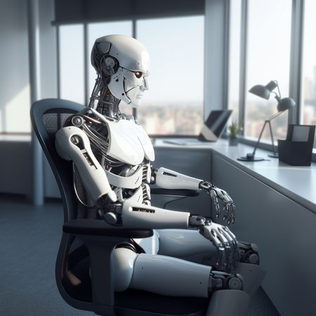 3d rendering humanoid robot working in modern office with big window viewの素材