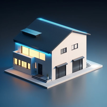 3d rendering of a house in isometric projection on blue backgroundの素材