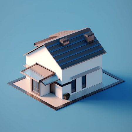 3d render of house with blue roof on a blue background.の素材