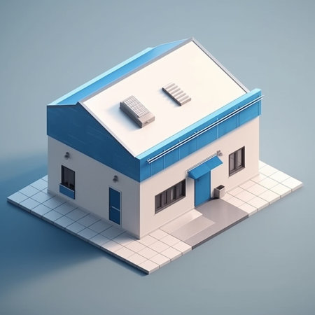 3d render of house in isometric projection on blue background.の素材