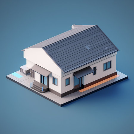 3d rendering of house in isometric view on blue background with shadowの素材