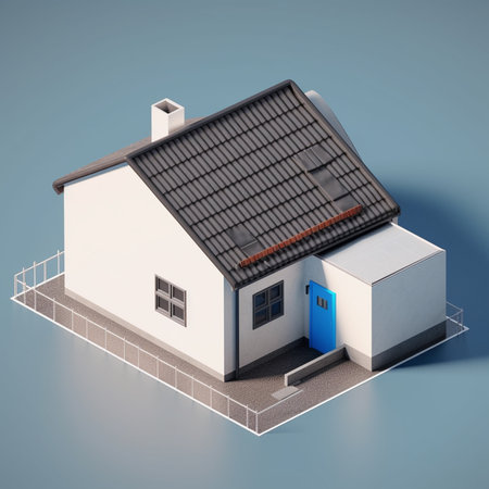 3d rendering of a house with a blue door on a blue backgroundの素材