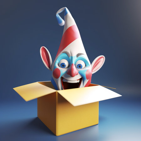 Funny clown in a box, 3d illustration, square imageの素材
