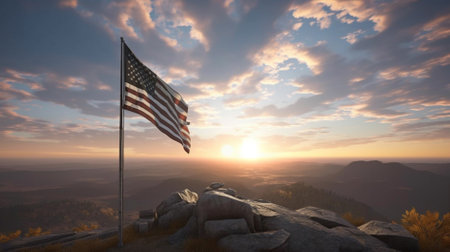 American flag waving on top of a mountain during sunset. 3d renderの素材