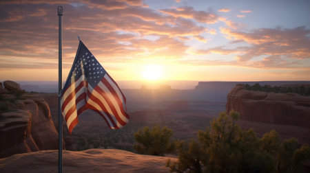 United States of America flag waving at sunset in Canyonlands National Park, Utah, USAの素材