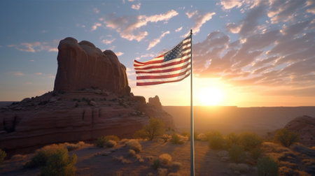 American flag at sunset in Monument Valley, USA. 3d renderの素材