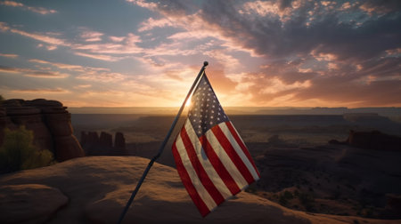 United States of America flag against sunset in Canyonlands National Park, Utah, USAの素材