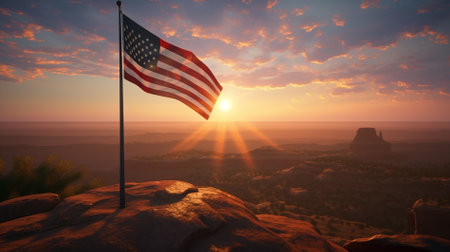 American flag waving in the wind at sunrise. 3d render illustrationの素材