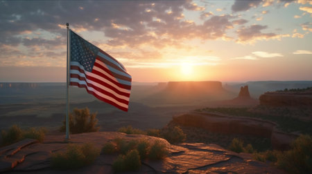 United States of America flag waving in the sunset. 3d renderingの素材