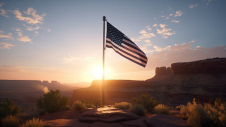 American flag at sunset in Monument Valley, USA. 3d renderingの素材