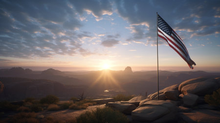 American flag waving in the wind over sandstone mountains. 3d renderの素材