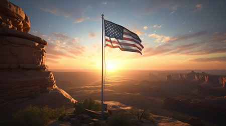 American flag waving in the desert at sunset. 3D Renderingの素材