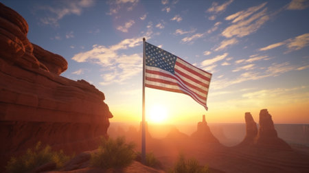 American flag waving in the wind over Monument Valley, Arizona, USAの素材