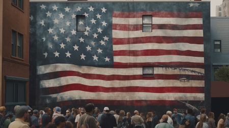 Flag of United States of America on a wall in the city.の素材