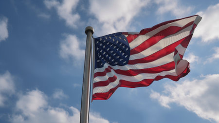 American flag waving in the wind against a blue sky with white cloudsの素材