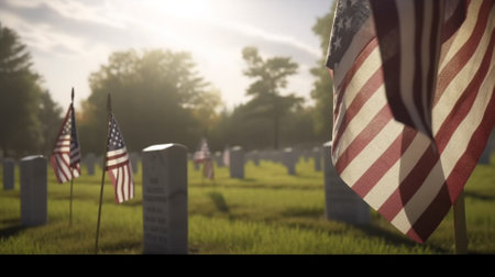 American Flag on a grave in the cemetery. 3d rendering.の素材