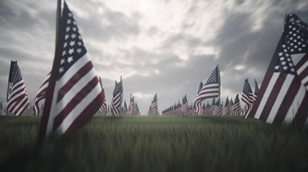 American flag on green field. 3d render with shallow depth of fieldの素材