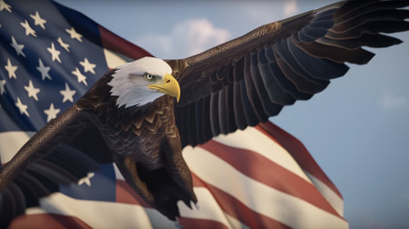 Bald Eagle flying in front of the United States of America flagの素材
