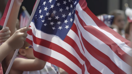 Close up of American flag waving in the wind, 4th of July.の素材