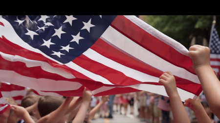 Closeup of kids hands holding american flag on the street.の素材